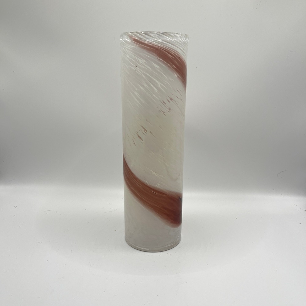 Hand Blown Murano Style Glass Cylinder Vase White Burgundy Swirl 12 Inch